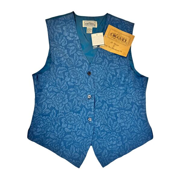 Croquet Club Jackets & Blazers - Boho Croquet Club VTG Floral Vest Blue 100% Silk Women’s Large NWT Deadstock